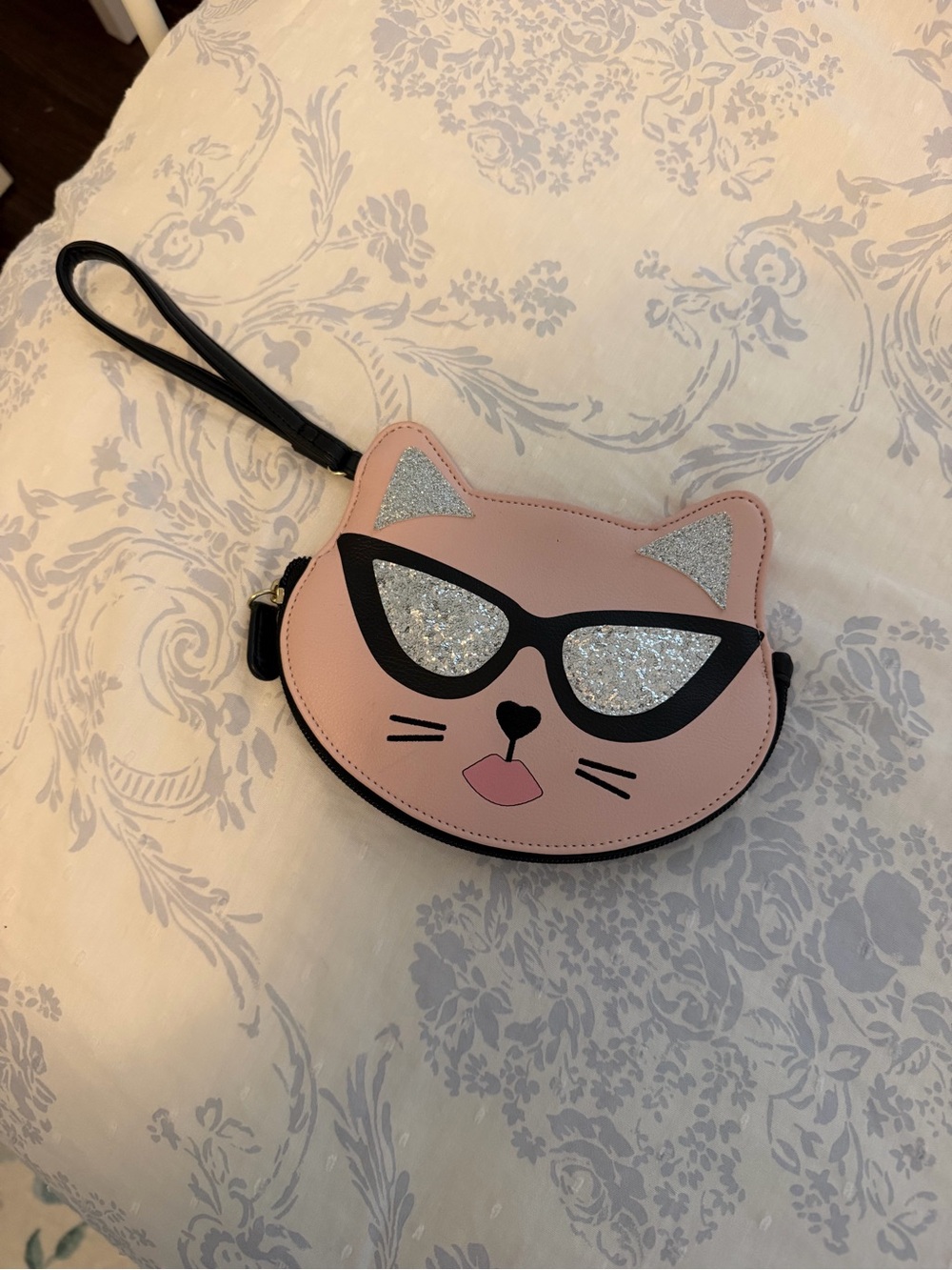 Betsey Johnson Pink Cat Wristlet with Silver Glitter Sunglasses